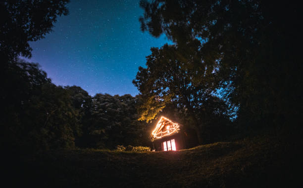 istock Log cabin in the forest under the milky way 1337210563