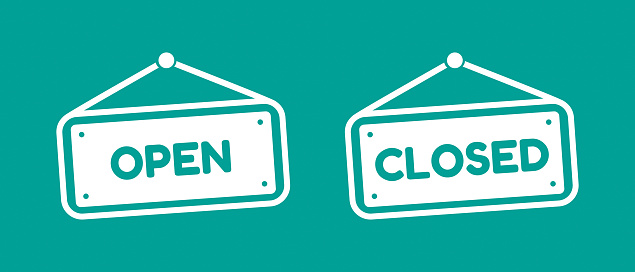 Hanging Open And Closed Signs - Vector Illustration Icons - Isolated On Monochrome Background