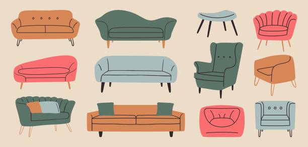 illustrations, cliparts, dessins animés et icônes de ensemble de canapé de chaise confortable abstrait. mobilier doux moderne, fauteuil de luxe, canapé, éléments de griffonnage dessinés à la main. art vectoriel - fauteuil