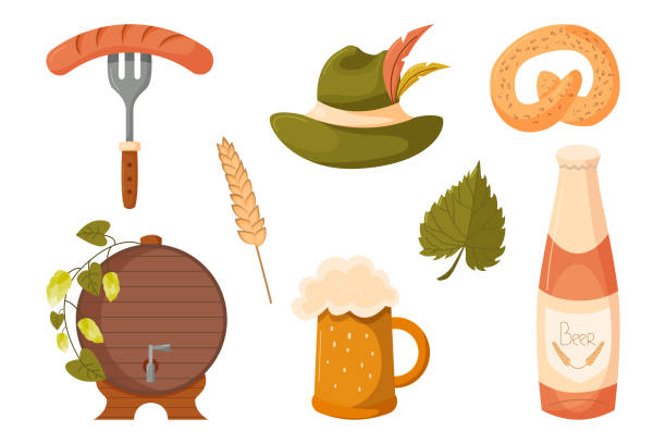 ilustraciones, imágenes clip art, dibujos animados e iconos de stock de conjunto de elementos de diseño octoberfest - comida alemana