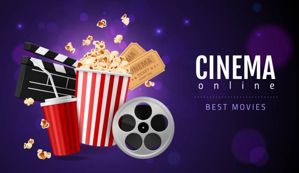 Realistic popcorn cinema. Movie watching concept, online filmshow entertainment, 3d cinematic objects, two tickets, snack and drink. Promotion flyer. Vector horizontal isolated poster Realistic popcorn cinema. Movie watching concept, online filmshow entertainment, 3d cinematic objects, two tickets, snack and drink. Promotion flyer with copy space. Vector horizontal isolated poster film industry stock illustrations