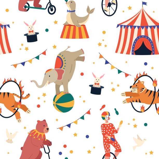 цирковое шоу бесшовный узор. забавный карнавальный развлекательный фон, милые мультяшные дрессировки животных и клоун жонглер на одноколе - entertainment clown child circus stock illustrations