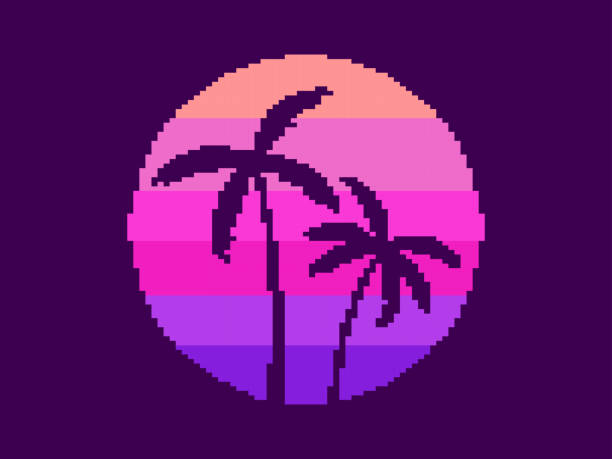 Pixel Art Palm Trees At Sunset In 80s Style 8bit Sun Synthwave And