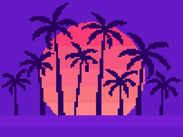 Pixel art palm trees at sunset in 80s style. 8-bit sun synthwave and retrowave. Retro 8-bit video game. Design for printing, wrapping paper and advertising. Vector illustration Pixel art palm trees at sunset in 80s style. 8-bit sun synthwave and retrowave. Retro 8-bit video game. Design for printing, wrapping paper and advertising. Vector illustration pixelated illustrations stock illustrations