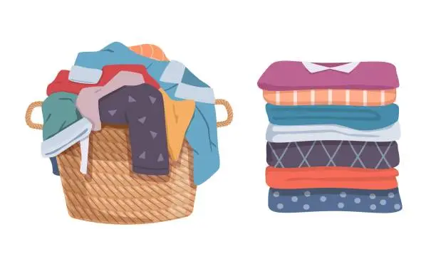 Vector illustration of Dirty and clean clothes. Apparel heap with stains in basket and washed clothing, pile different towels. Soiled smelly pile of fabric cotton t-shirts and socks. Vector laundry isolated set