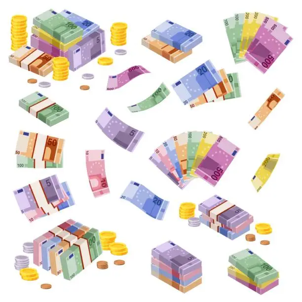 Vector illustration of Isometric euro banknotes. Cash money. Various euros bundles and coins. 3D financial awards. European currency collection. Economic profits. Vector finance savings and investments set