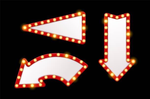 istock Light arrows pointers. Shining retro design signs with bulbs around red frames. Vintage show lighted accessory, cinema theatre and casino elements, mirror with lamps. Vector realistic set 1337214357