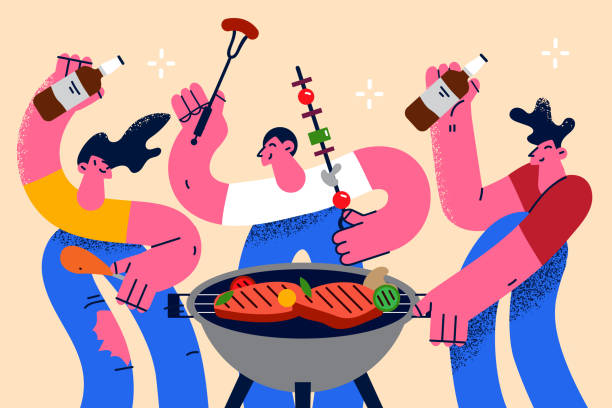ilustraciones, imágenes clip art, dibujos animados e iconos de stock de concepto de diversión de fiesta de verano barbacoa - barbecue grill illustrations
