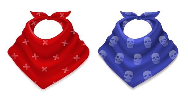 Realistic bandana. 3d scarves, cowboy style red and blue neckerchiefs with prints, fashion neck and head accessories, patterned textile tied hanky. Western or biker style clothes vector set Realistic bandana. 3d scarves, cowboy style red and blue neckerchiefs with prints, fashion neck and head accessories, patterned textile tied hanky. Western or biker style clothes. Vector isolated set country fashion stock illustrations
