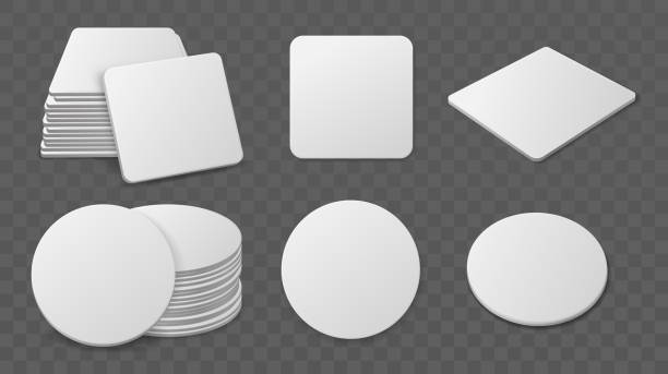 Beer coaster stacks. Realistic paper round and square shapes for glasses drinks, blank cardboard bierdeckel, different angles, single and piles. Blank cardboard drink mats. Vector set Beer coaster stacks. Realistic paper round and square shapes for glasses drinks, blank cardboard bierdeckel, different angles view, single and piles. Blank cardboard drink mats. Vector isolated set cafe transparent glass table stock illustrations