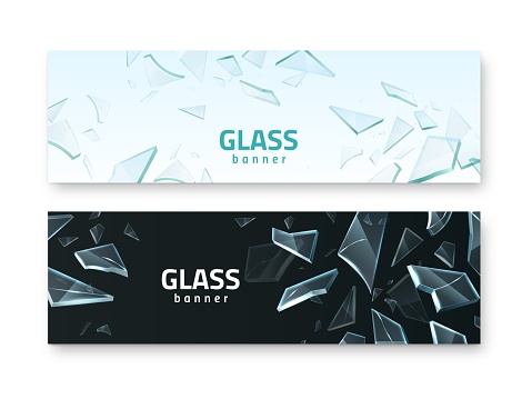 Broken glass shards banners. Realistic crash fragments, transparent sharp details, different shapes 3D pieces, fractured window pieces. Black and white horizontal background with copy space vector set