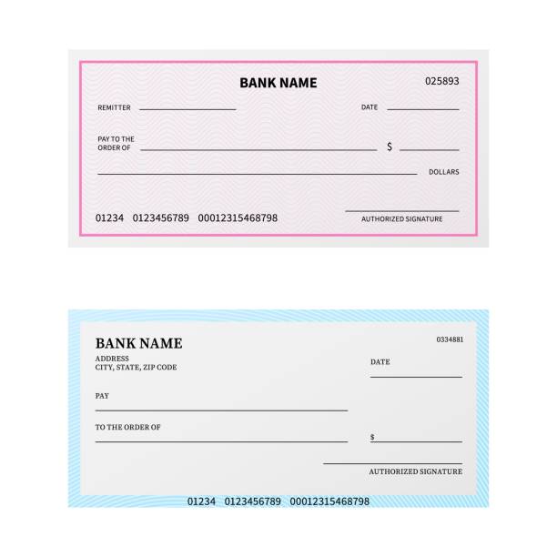 istock Bank check. Blank cheque checkbook with guilloche pattern and watermark. Unfilled payment paper template. Banking coupon or certificate mockup design for branding. Vector paybills set 1337214473