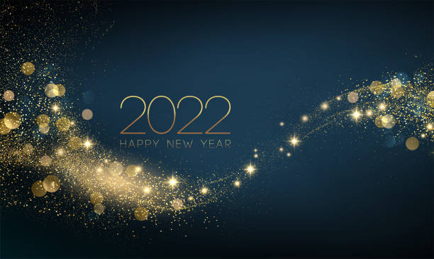 2022 New Year Abstract shiny color gold wave design element 2022 New year with Abstract shiny color gold wave design element and glitter effect on dark background. For Calendar, poster design happy new year stock illustrations