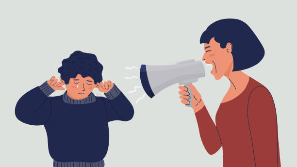 ilustrações de stock, clip art, desenhos animados e ícones de woman shouts at the child into a megaphone. the boy covers his ears with his hands, cries. domestic violence concept. mom yells at her crying son. mother scolds the child. vector flat illustration - mãe filho conversa