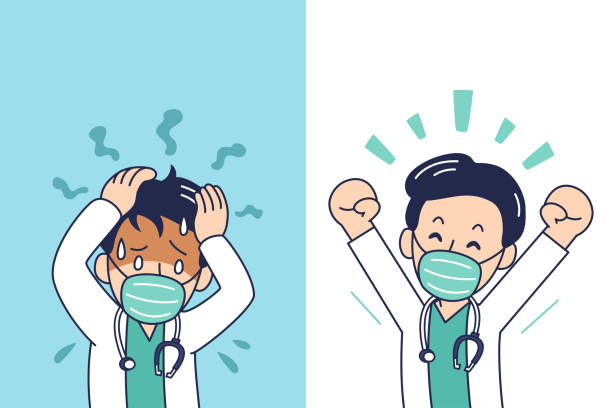 istock Cartoon male doctor wearing protective mask expressing different emotions 1337216394