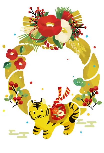 Vector illustration of 2022 New Year's card of the year of the tiger Cute tiger papier mache and shimenawa vector illustration material / no characters