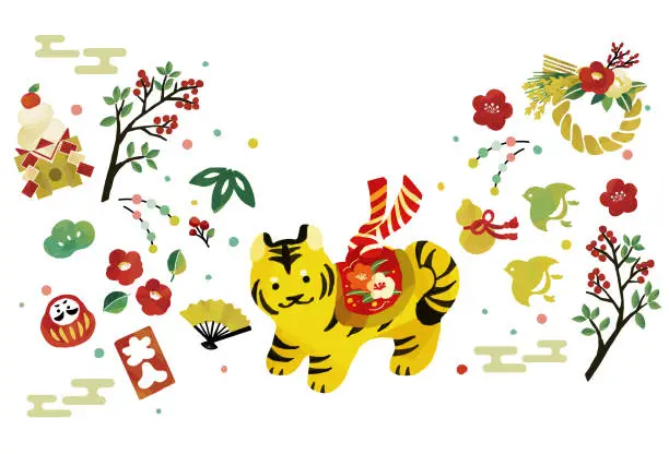 Vector illustration of 2022 New Year's card of the year of the tiger Cute tiger papier mache and lucky charm vector illustration material / no characters