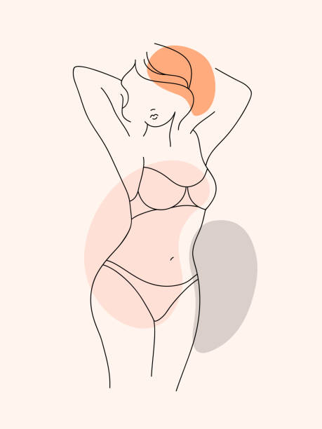 Minimalistic female figure. Female linear silhouette in underwear. Elegant vector illustration on a delicate pink background with abstract color spots. 
Lingerie advertisement women female one woman only lingerie stock illustrations