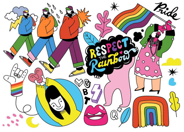 толпа, маршиющая на параде гордости.тренд, в который вовлечен разнообразный набор людей, векторная иллюстрация каракуля - gay stock illustrations