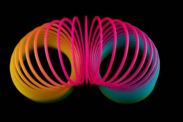 Top view of colourful slinky spring toy isolated on a black background