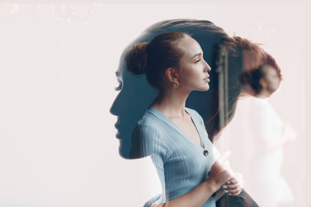 multiple exposure portrait of european american caucasian woman with serious sad facial expression. mental health, depression and emotions concept - üst üste çekim stok fotoğraflar ve resimler