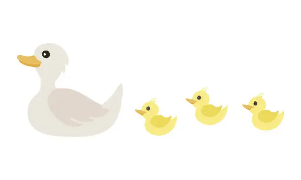 Vector illustration of Cute ducklings following mama duck vector illustration isolated