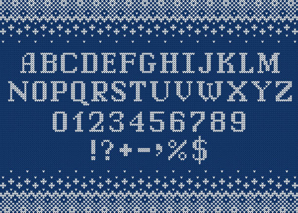 Knitted letters, numbers, symbols and ornaments for Christmas design. Sweater font. Knitted letters, numbers and symbols for Christmas,  New Year or winter season. Alphabet and scandinavian ornaments on blue knit background. Typeface vector design. christmas sweater stock illustrations