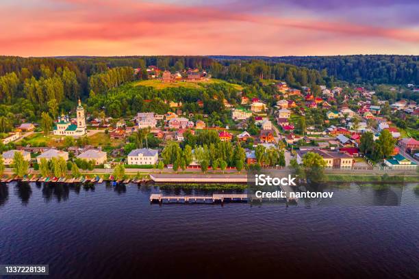Aerial Drone View Of Ancient Russian Town Ples On The Volga River With Colorful Sunset Stock Photo - Download Image Now