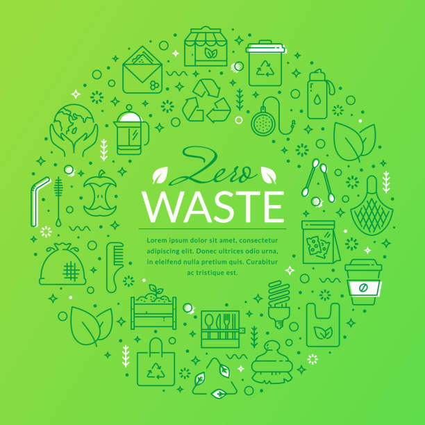 Zero waste banner with line icons. Vector circle border. Zero waste banner with line icons and place for text. Template for recycling, reusable items, save the Planet and eco lifestyle concepts. Ring shape made of outline symbols on green background. Vector card. supermarket borders stock illustrations