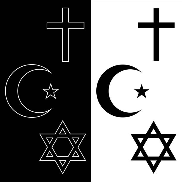アブラハムの宗教アイコンセット。ユダヤ教、キリスト教、イスラム教。キリスト教の十字架、イスラム三日月とダビデのユダヤ人の星。ラインアート。黒、白の背景に分離されたシンボル� - muslim quarter点のイラスト素材／クリップアート素材／マンガ素材／アイコン素材