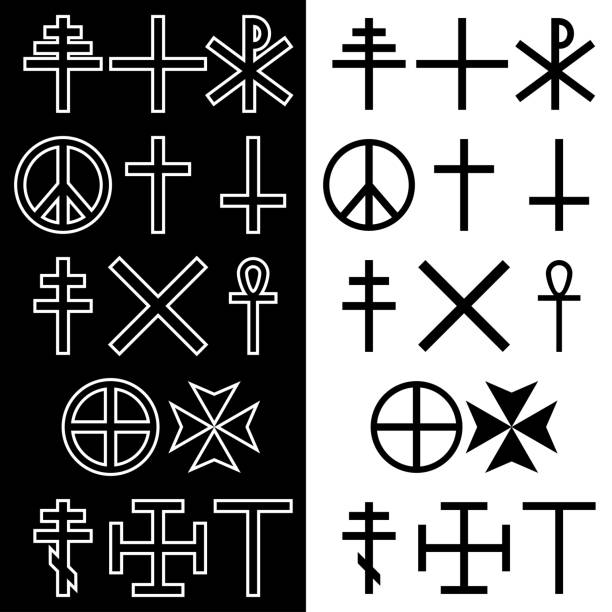 クロス アイコン セット。宗教の象徴。ラインアート。黒、白の背景に分離されたシンボル。ベクトルの図 - patriarchal cross点のイラスト素材／クリップアート素材／マンガ素材／アイコン素材