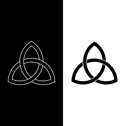 Triquetra symbol icon. Celtic sign in black color with white outline. Protective amulet for witches. Esoteric , witchcraft, sacred geometry. Isolated vector illustration  on white and black background