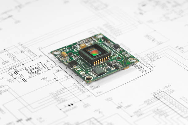 sensor cmos y diagrama de circuito - condensador componente eléctrico fotografías e imágenes de stock