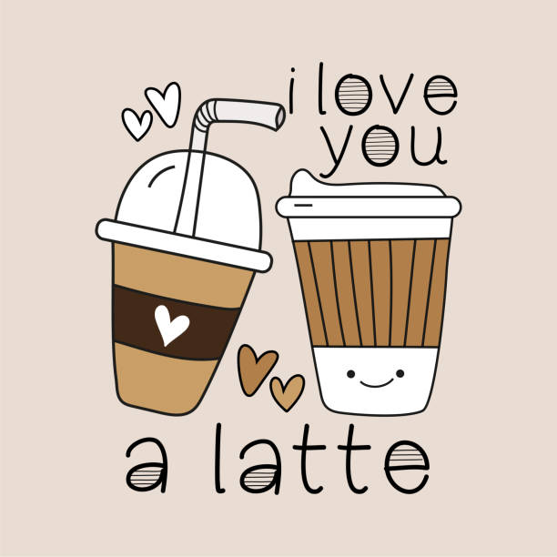 ilustrações de stock, clip art, desenhos animados e ícones de i love you a latte - cute smiley hand drawn coffee cups with hearts, on beige backround. - latté pumpkin spice coffee