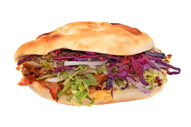 Doner Kebab, close up of turkish snack isolated on white beckground