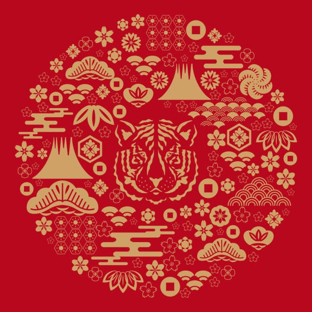 ilustraciones, imágenes clip art, dibujos animados e iconos de stock de feliz nuevo año chino 2022, año del tigre. - china year new temple