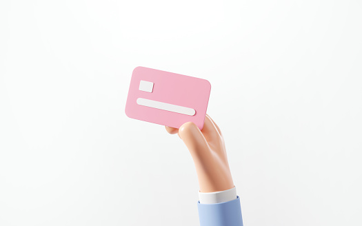 Hand holding credit card with online service on white background, Cashless society concept, copy space, 3d render