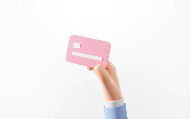 Hand holding credit card with online service on white background, Cashless society concept, copy space, 3d render