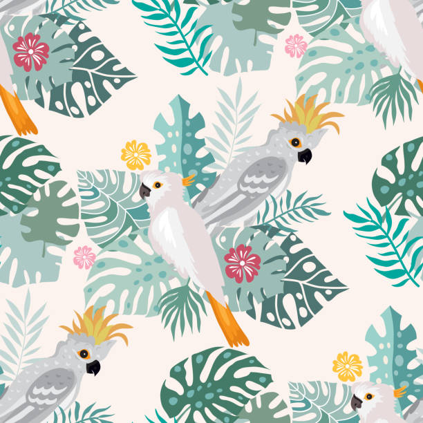 Beautiful tropical  seamlless pattern with  tropical parrots, colorful exotic Birds, leaves, flowers Beautiful tropical  seamlless pattern with  tropical parrots, colorful exotic Birds, leaves, flowers, plants  art print for travel and holiday, fashion, textile, web,  posters, wallpapers  Vector illustration  EPS 10 parrots beak heliconia stock illustrations