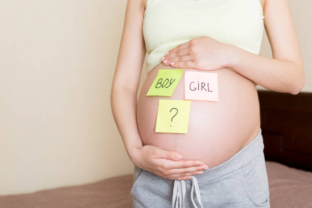 istock pregnant woman holding square multicolored stickers with question marks 1337231031