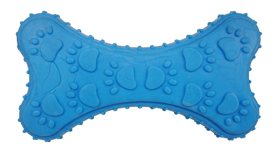 This is a blue dog bone for chewing and playing games.