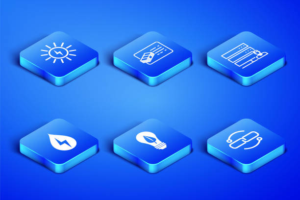 ilustrações de stock, clip art, desenhos animados e ícones de set chain link line, solar energy panel, light bulb with leaf, water, financial document and customer care server icon. vector - drop solar panel symbol leaf