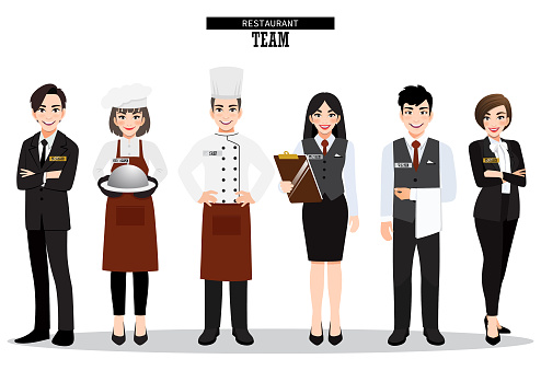 Group of hotel restaurant team. Catering service characters standing together in uniform. Food service staff website banner.