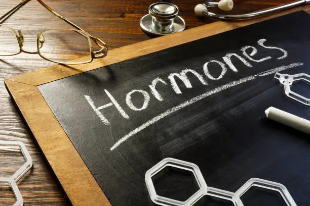 Photo of Handwritten word hormones on the blackboard and glasses.