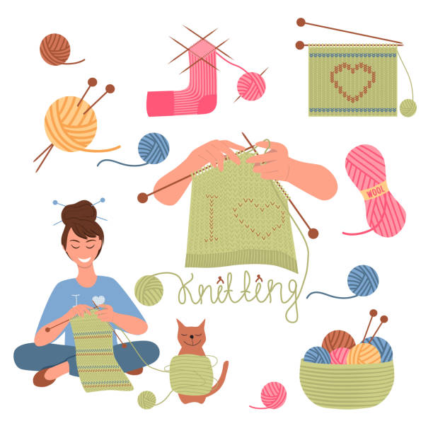 ilustrações, clipart, desenhos animados e ícones de conjunto de ferramentas de tricô. fios de lã, agulhas de tricô, cesta com bolas de fios, mãos com agulhas de tricô. garota tricôs. - knitting sweater crochet wool