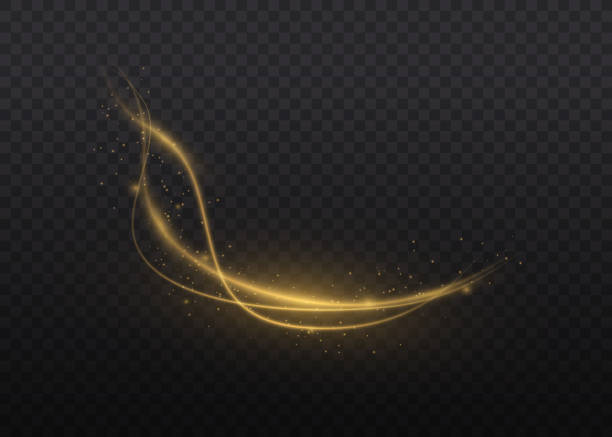 Golden line with light effect, dynamic gold waves. Dust of yellow sparks and stars shine with a special light. Golden line with light effect. Dynamic golden waves with small parts. Yellow dust. Bokeh effect. particle stock pictures, royalty-free photos & images