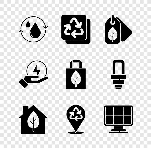 ilustrações, clipart, desenhos animados e ícones de definir reciclar aqua limpo, tag com folha, casa ecológica, painel de energia solar, relâmpago e ícone de reciclagem de sacos de compras. vetor - drop solar panel symbol leaf