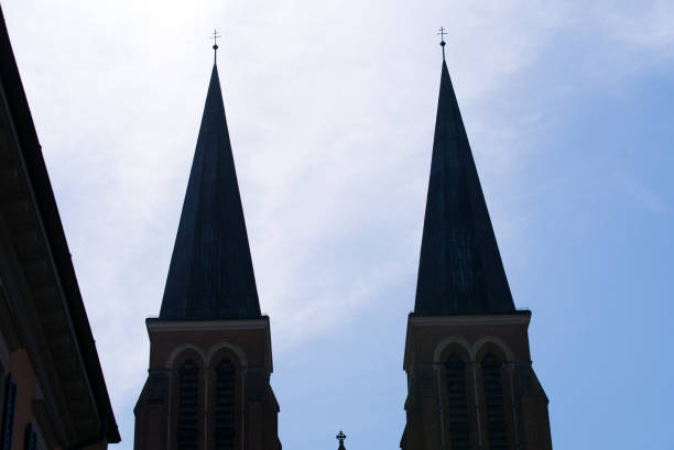 Roman catholic church named Jesus' heart at the old town of Bregenz on a sunny summer day. Photo taken August 15th, 2021, Bregenz, Austria.
