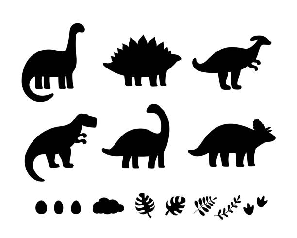 stockillustraties, clipart, cartoons en iconen met black dinosaur silhouettes for kids - theropod