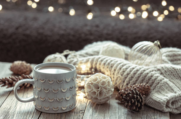 istock Home winter composition with coffee cup and decor details on blurred background. 1337239051